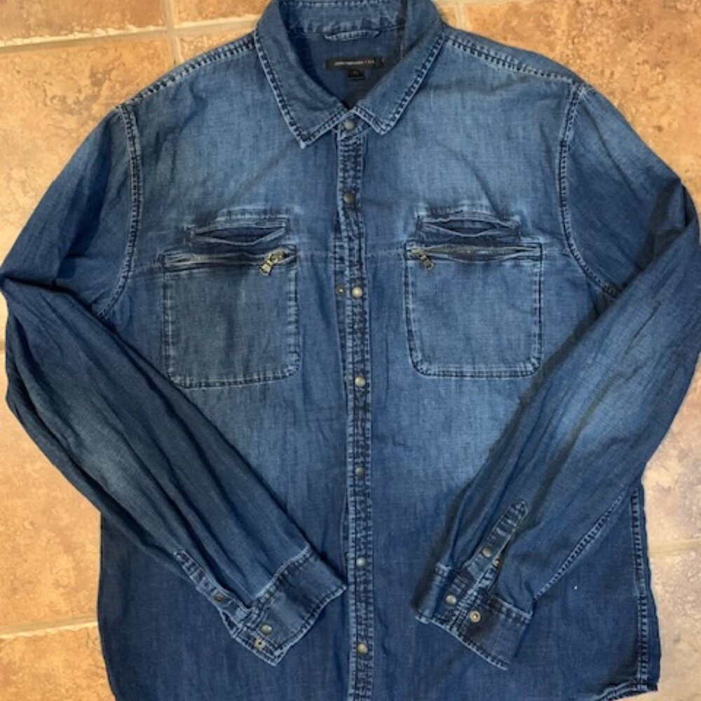 John Varvatos denim work shirt with zip pockets